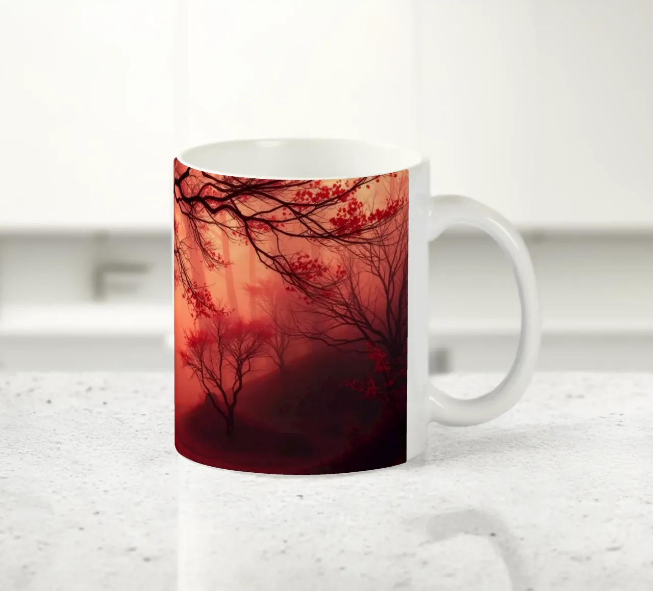 foresta autunnale avvolta nella nebbia con fogliame rosso fuoco tazza in ceramica da DesignDoodle