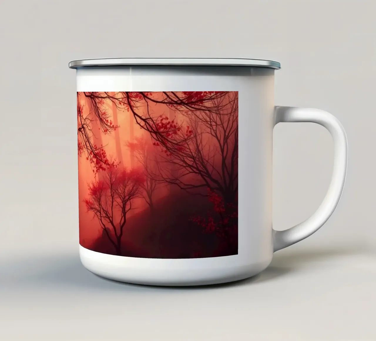 foresta autunnale avvolta nella nebbia con fogliame rosso fuoco tazza in smalto da DesignDoodle