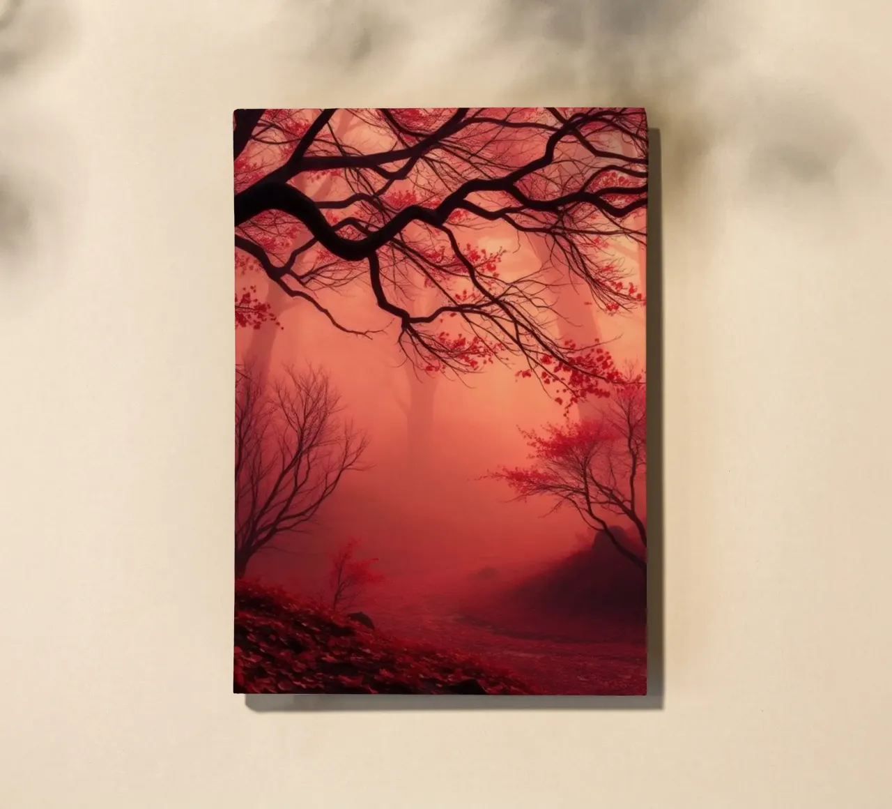 autumn forest enveloped in mist with fiery red foliage notebook by DesignDoodle