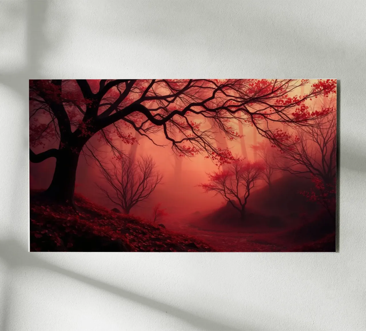 foresta autunnale avvolta nella nebbia con fogliame rosso fuoco alluminio dibond da DesignDoodle
