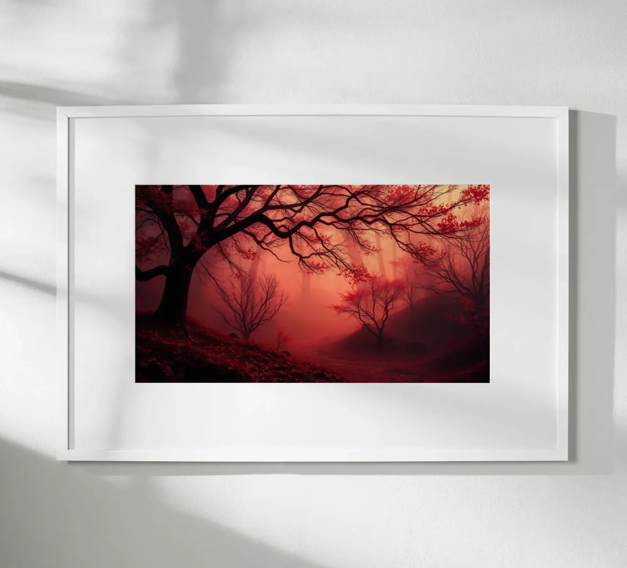 autumn forest enveloped in mist with fiery red foliage hahnemühle by DesignDoodle