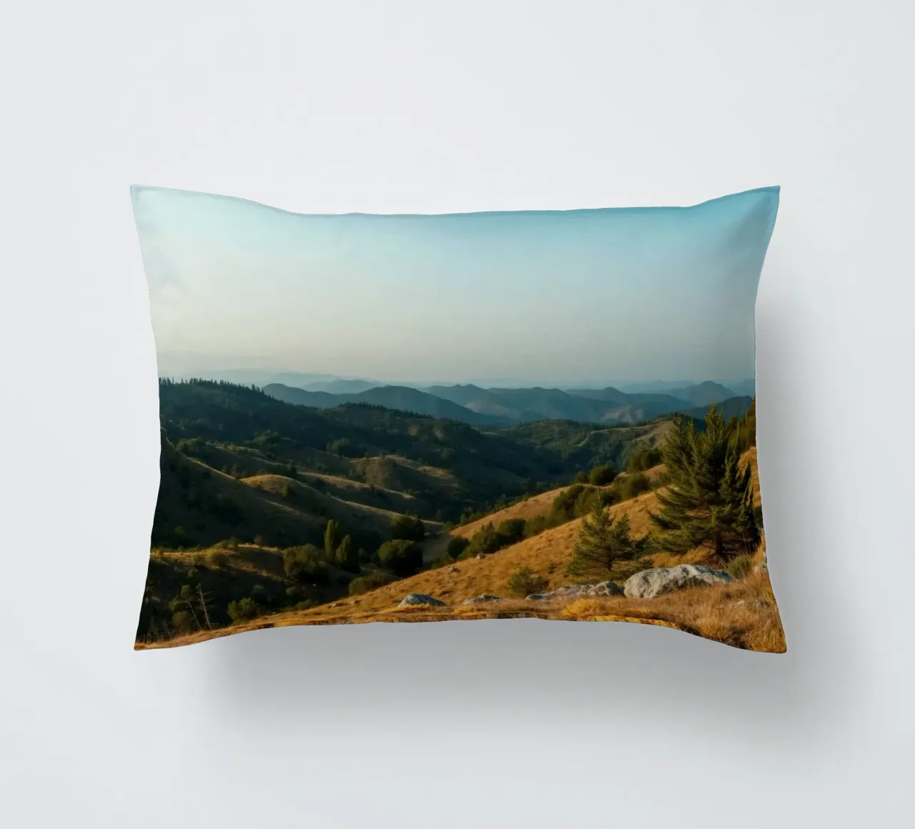 Majestic mountain landscape during late afternoon decorative cushion by DesignDoodle