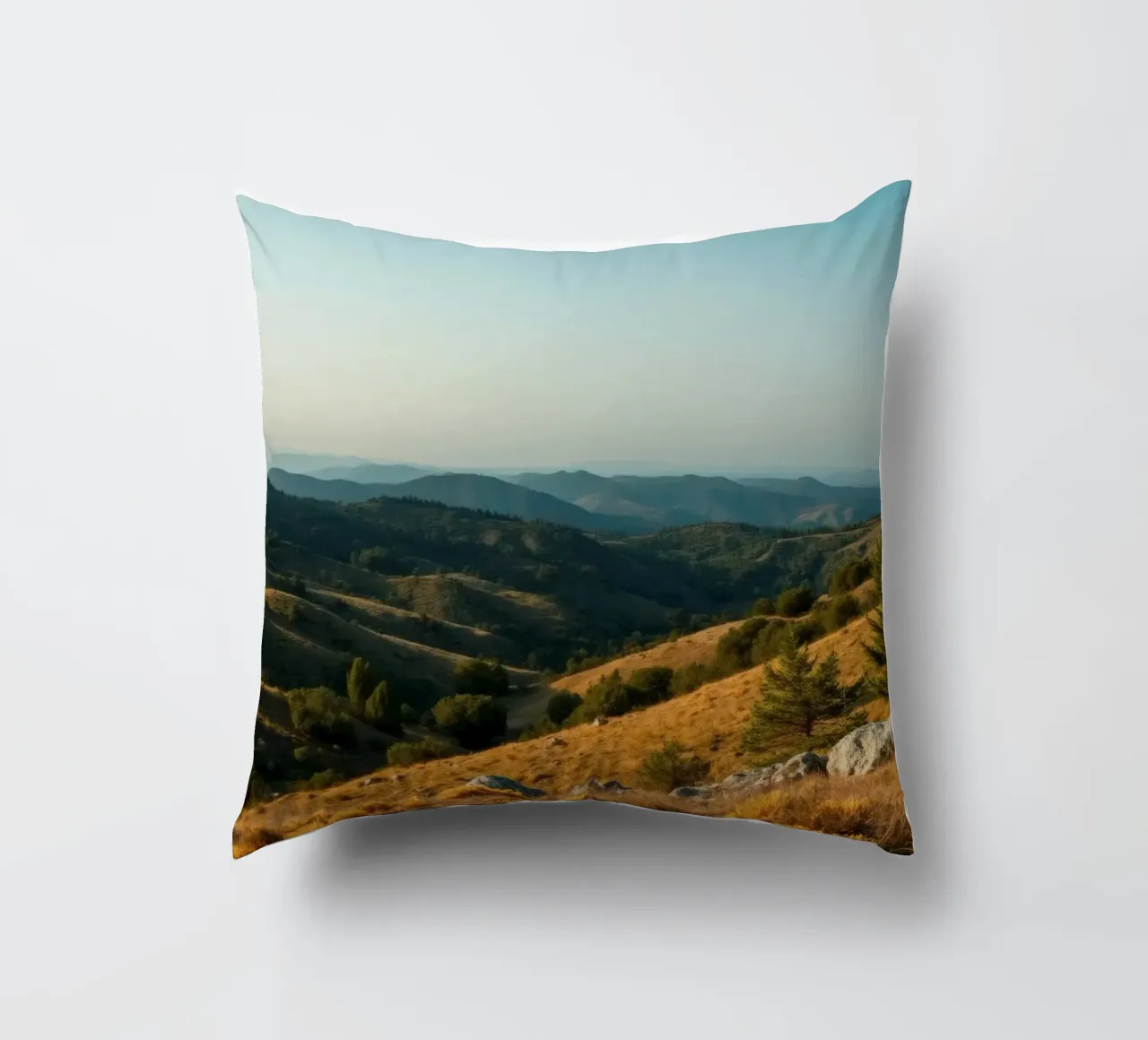 Majestic mountain landscape during late afternoon decorative cushion by DesignDoodle