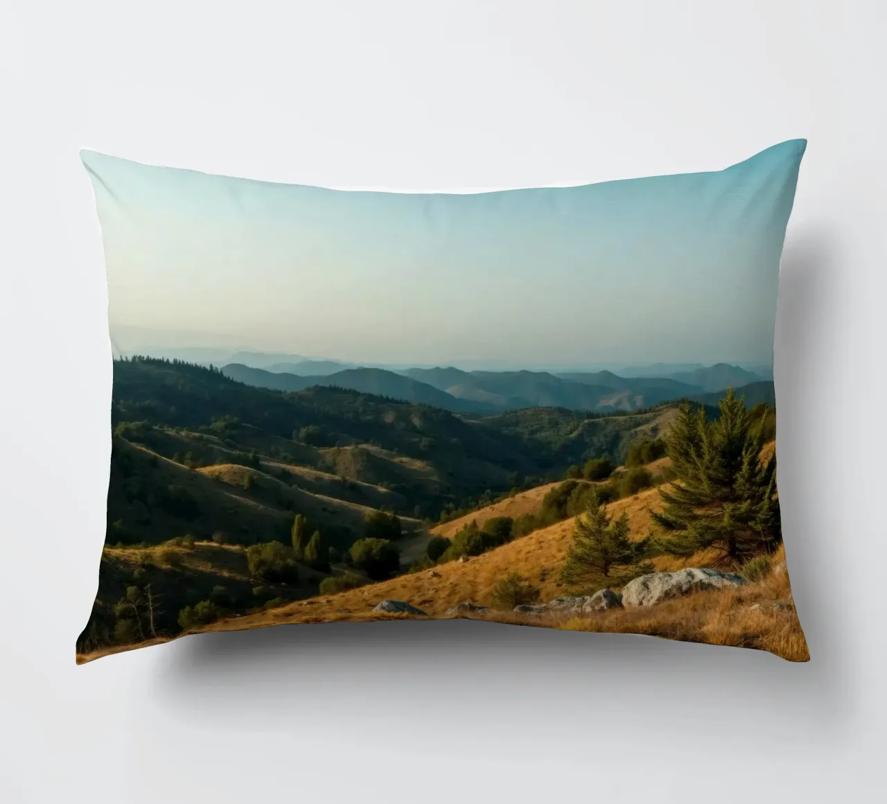 Majestic mountain landscape during late afternoon decorative cushion by DesignDoodle