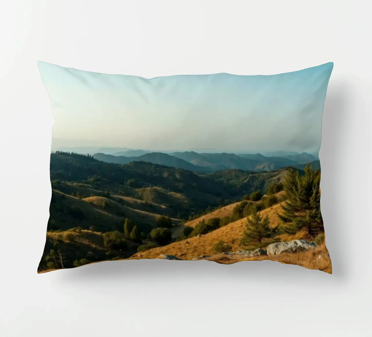 Majestic mountain landscape during late afternoon decorative cushion by DesignDoodle