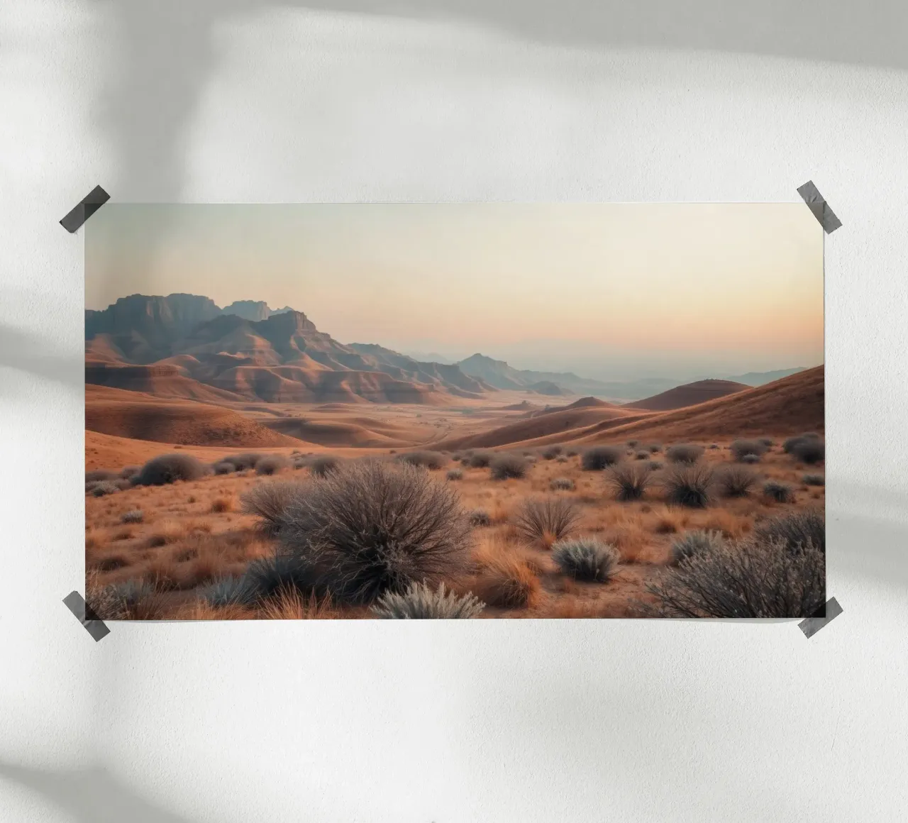 Uitgestrekt woestijnlandschap bij zonsondergang met bergen poster van DesignDoodle