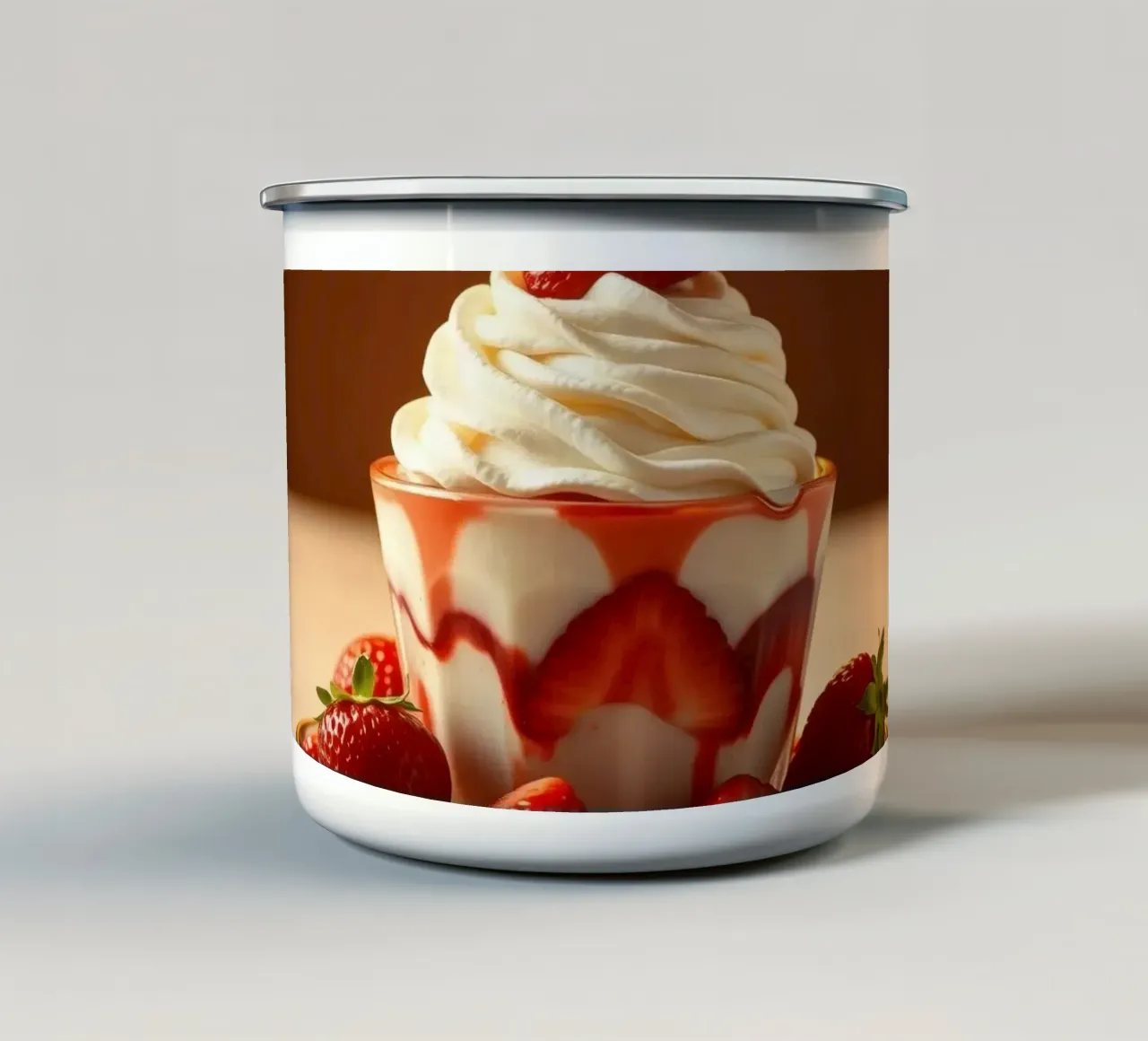 Delicious dessert featuring whipped cream & fresh strawberry enamel mug by DesignDoodle