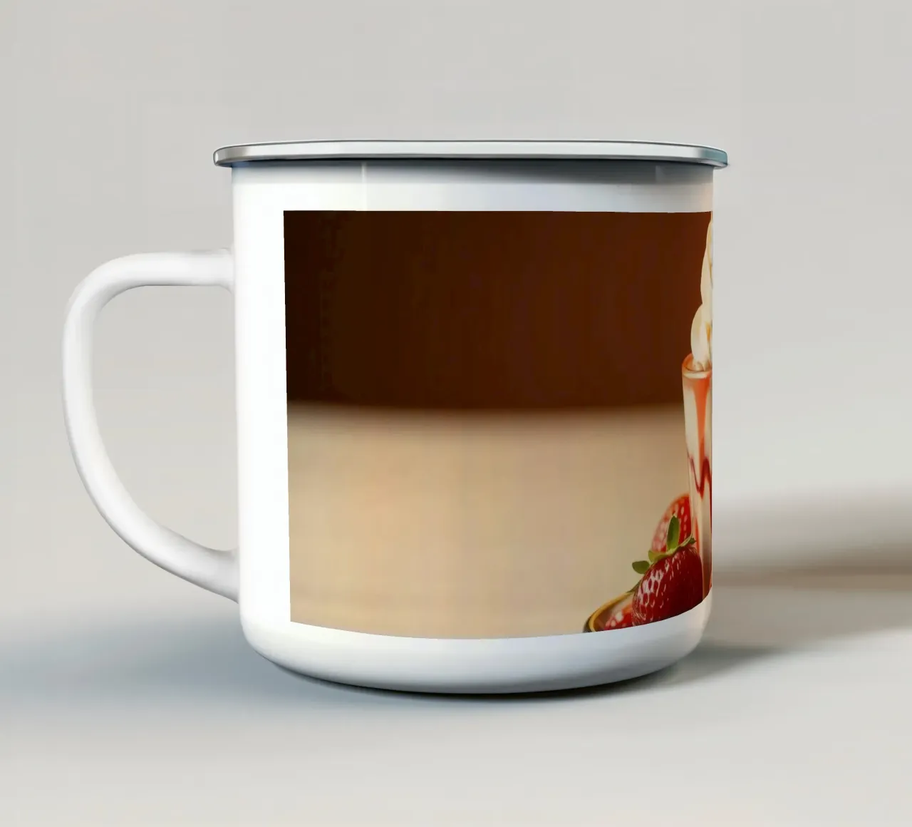 Delicious dessert featuring whipped cream & fresh strawberry enamel mug by DesignDoodle