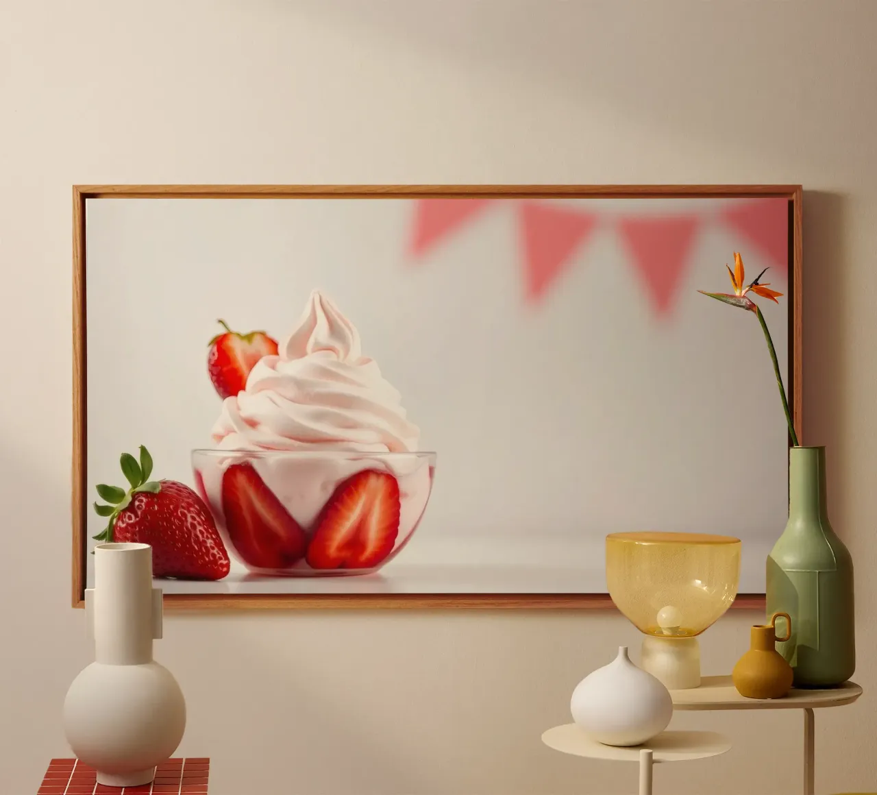 Delicious strawberry swirl dessert served in a glass bowl canvas by DesignDoodle