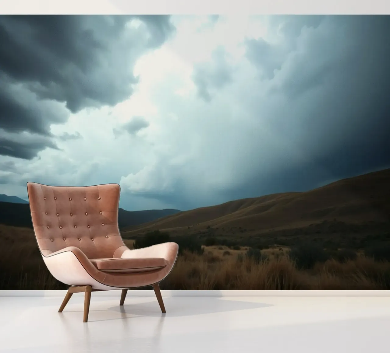 Dark storm clouds gather over a vast landscape photo wallpaper by DesignDoodle