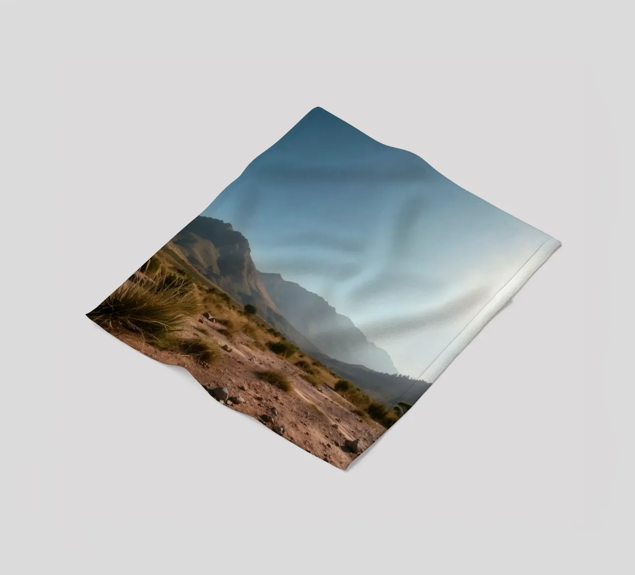 Expansive landscape view of rugged mountains & golden grass fleece blanket by DesignDoodle