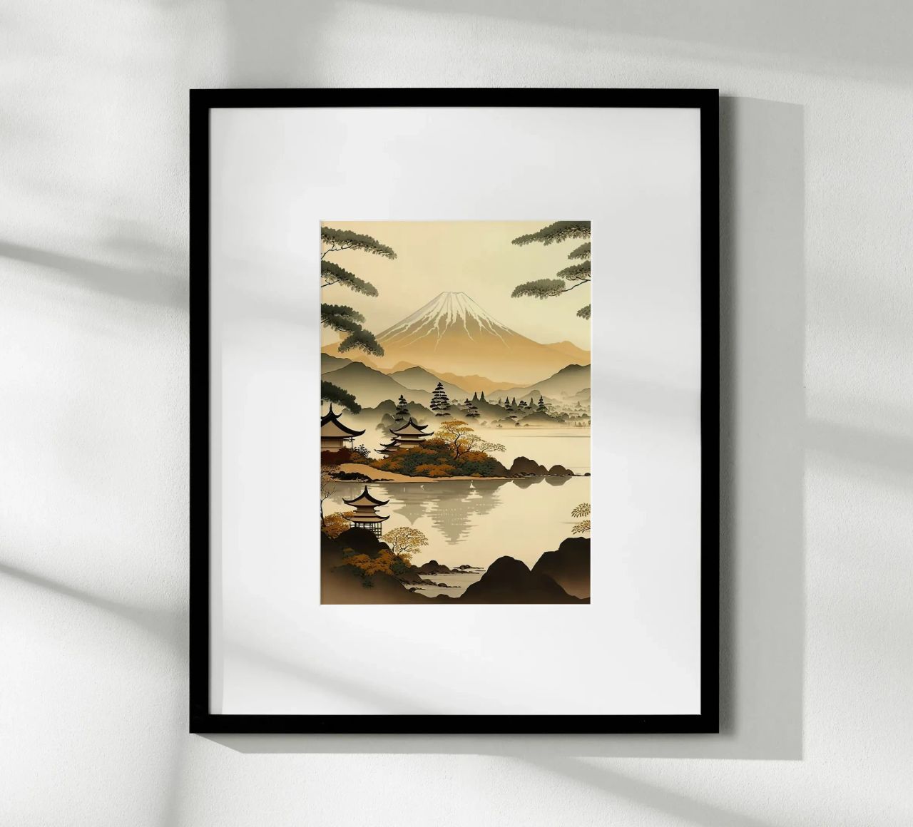 montaña árboles lago pagoda reflejo nubes otoño poster de Gloria A Kifyuk