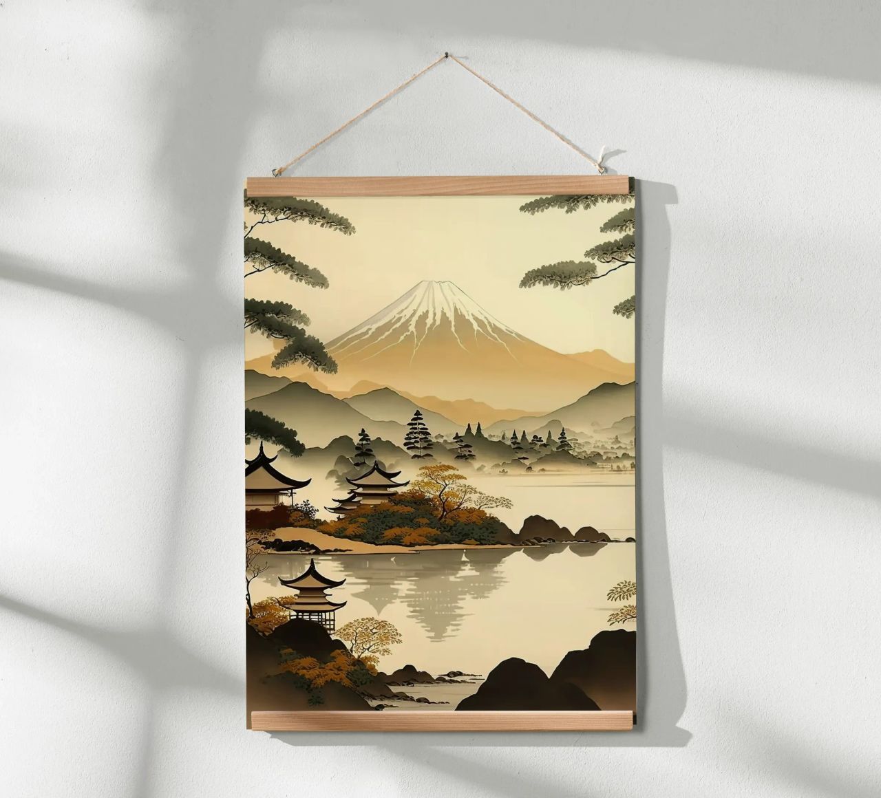 montaña árboles lago pagoda reflejo nubes otoño poster de Gloria A Kifyuk