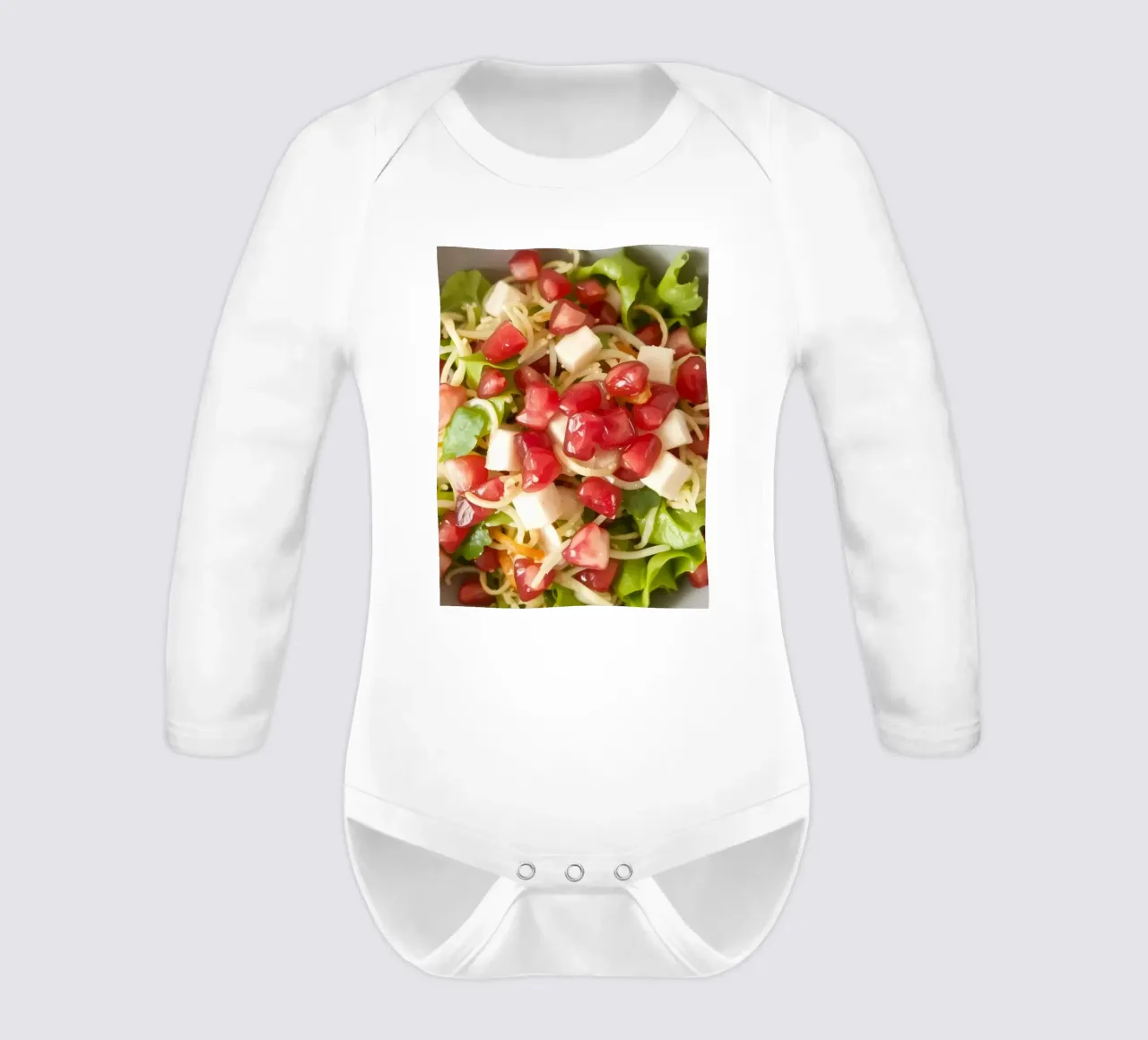 Fresh salad with lettuce, tomatoes, cheese, and pomegranate long-sleeve baby romper by DesignDoodle