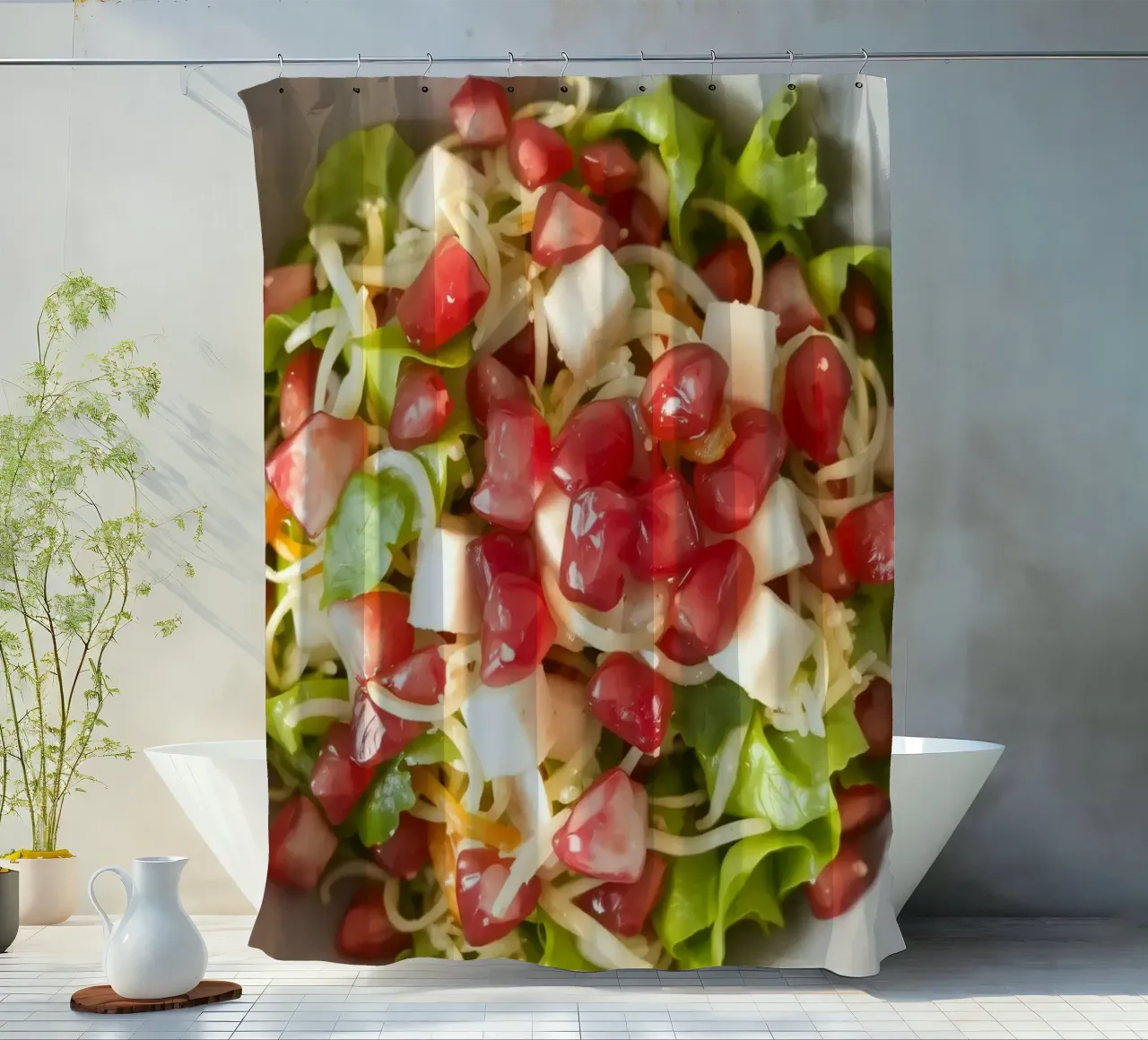 Insalata fresca con lattuga, pomodori, formaggio e melograno tenda da doccia da DesignDoodle