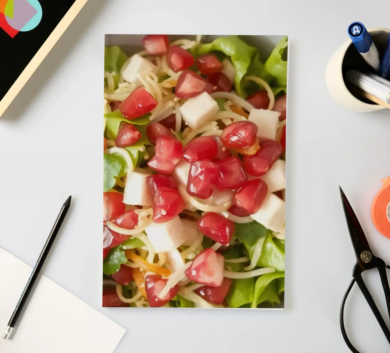 Fresh salad with lettuce, tomatoes, cheese, and pomegranate notebook by DesignDoodle