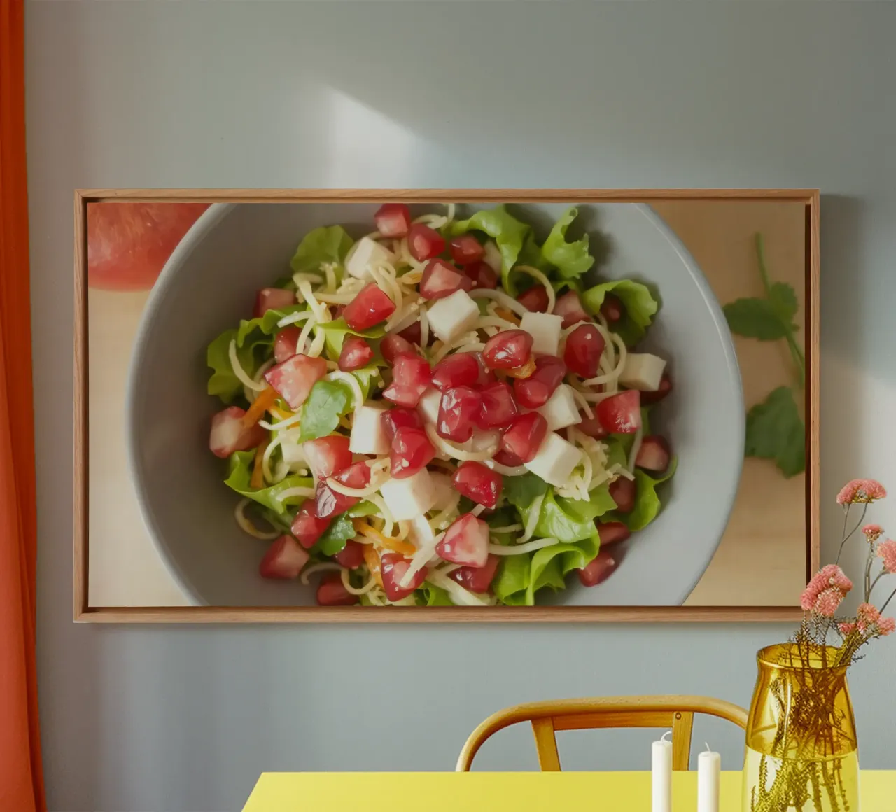 Fresh salad with lettuce, tomatoes, cheese, and pomegranate canvas with Floater frame by DesignDoodle
