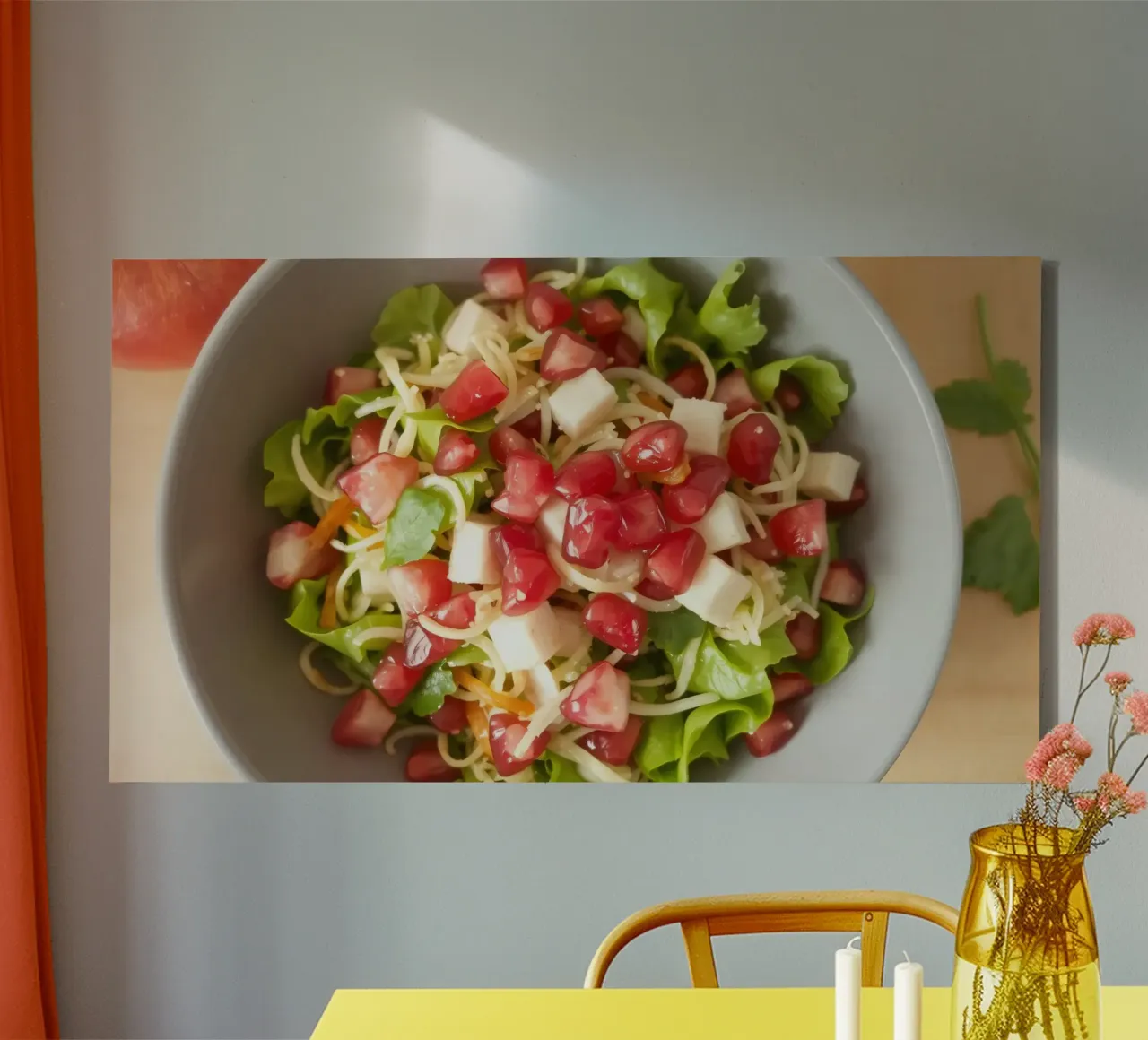 Fresh salad with lettuce, tomatoes, cheese, and pomegranate canvas with Floater frame by DesignDoodle