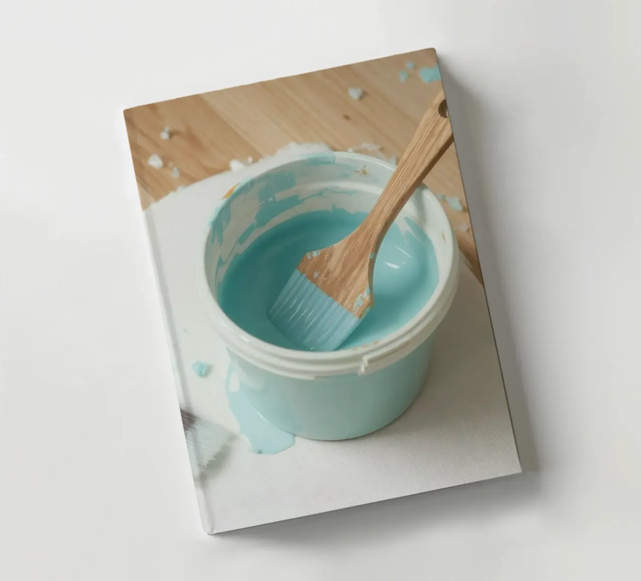 Un pinceau en bois repose dans un pot de peinture bleu à côté d'un petit pinceau. carnet de notes de DesignDoodle