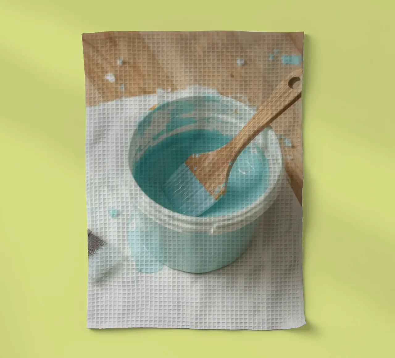 Un pinceau en bois repose dans un pot de peinture bleu à côté d'un petit pinceau. torchon de DesignDoodle