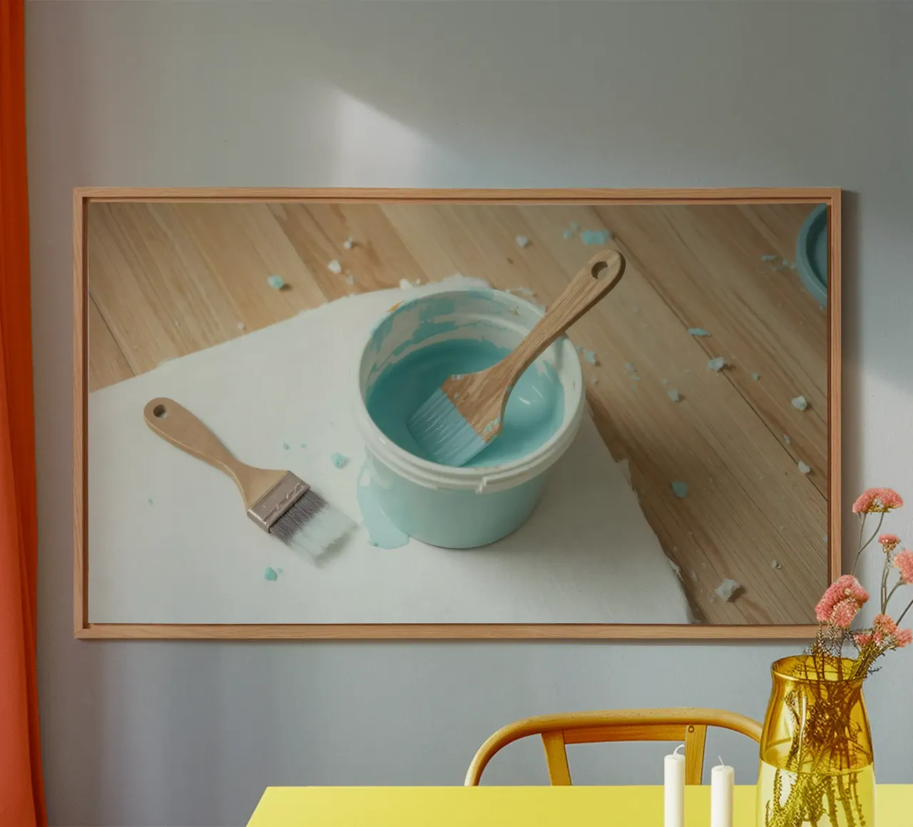 Houten penseel rust in een blauw verfblik naast een klein penseel aluminium-dibond van DesignDoodle