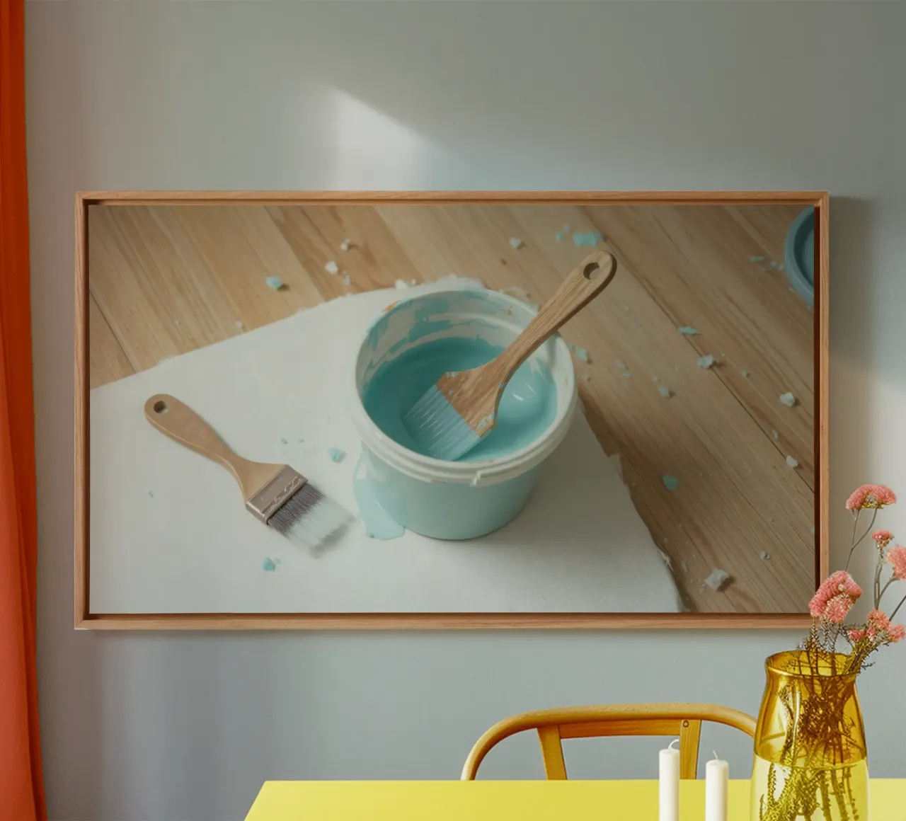 Un pincel de madera descansa en un bote de pintura azul junto a una brocha pequeña lienzo con Marco flotante de DesignDoodle