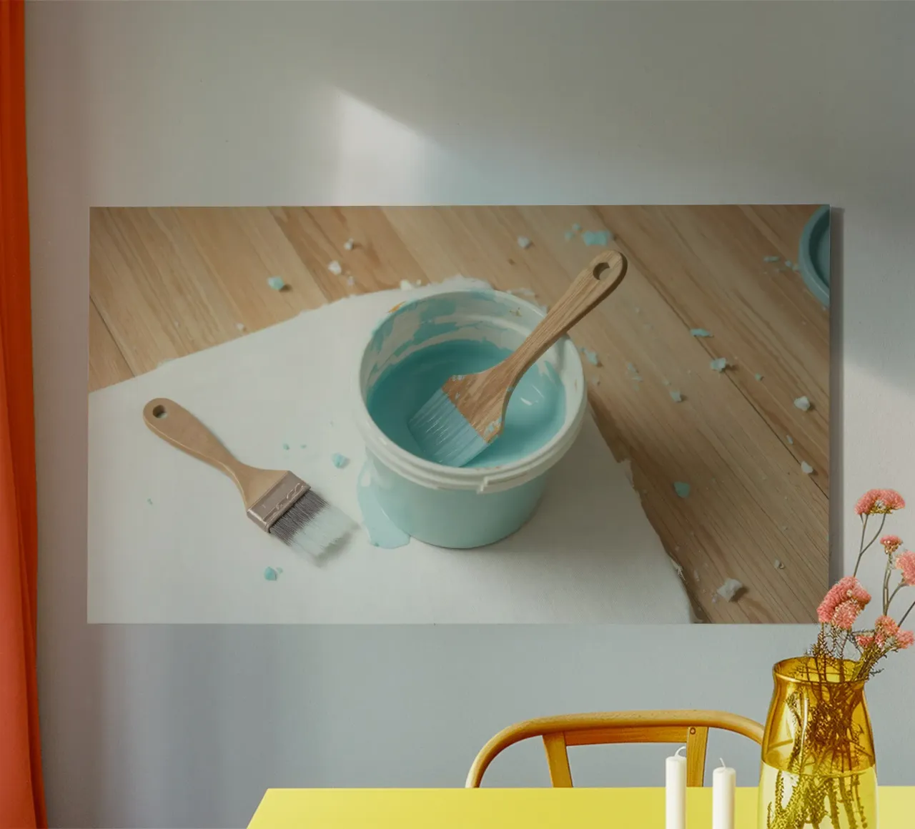 Un pincel de madera descansa en un bote de pintura azul junto a una brocha pequeña lienzo con Marco flotante de DesignDoodle