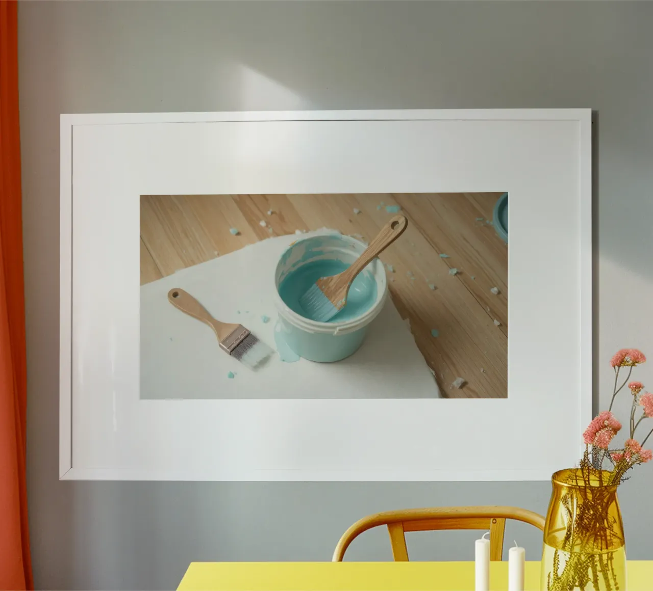 Un pincel de madera descansa en un bote de pintura azul junto a una brocha pequeña hahnemühle de DesignDoodle