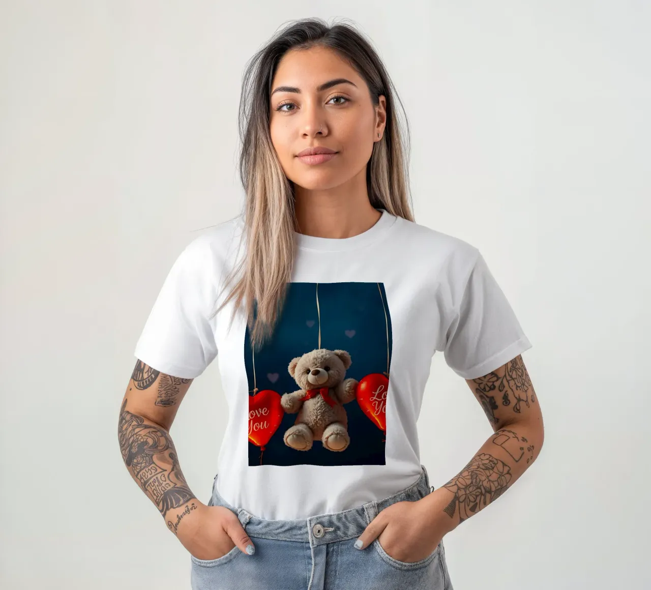Orsetto che tiene in mano palloncini rossi a forma di cuore che esprimono amore t-shirt da DesignDoodle