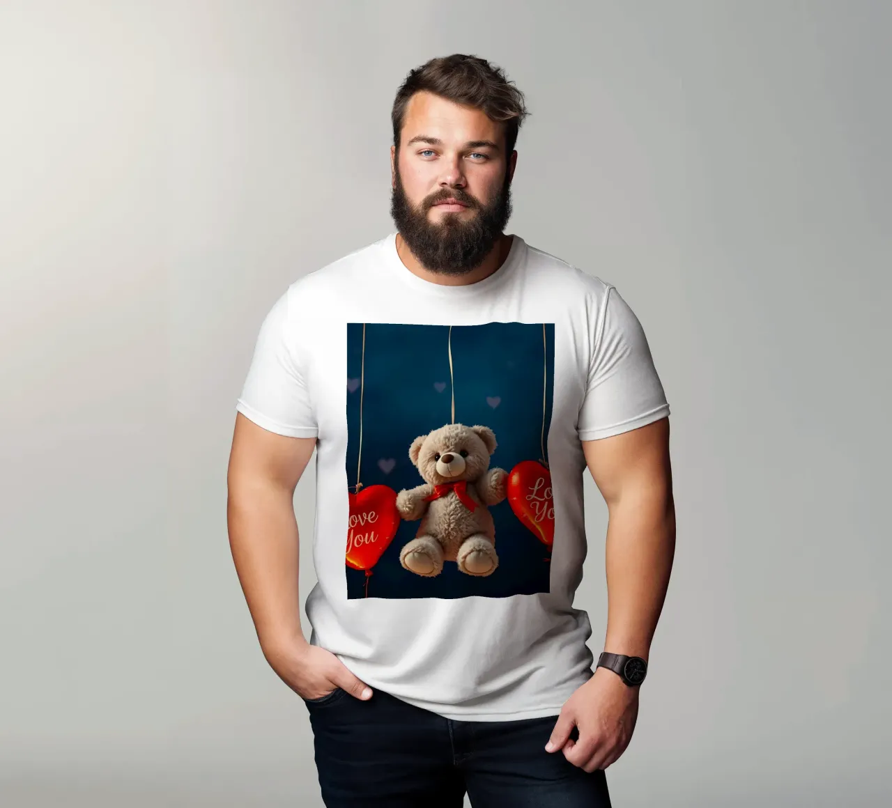 Orsetto che tiene in mano palloncini rossi a forma di cuore che esprimono amore t-shirt da DesignDoodle