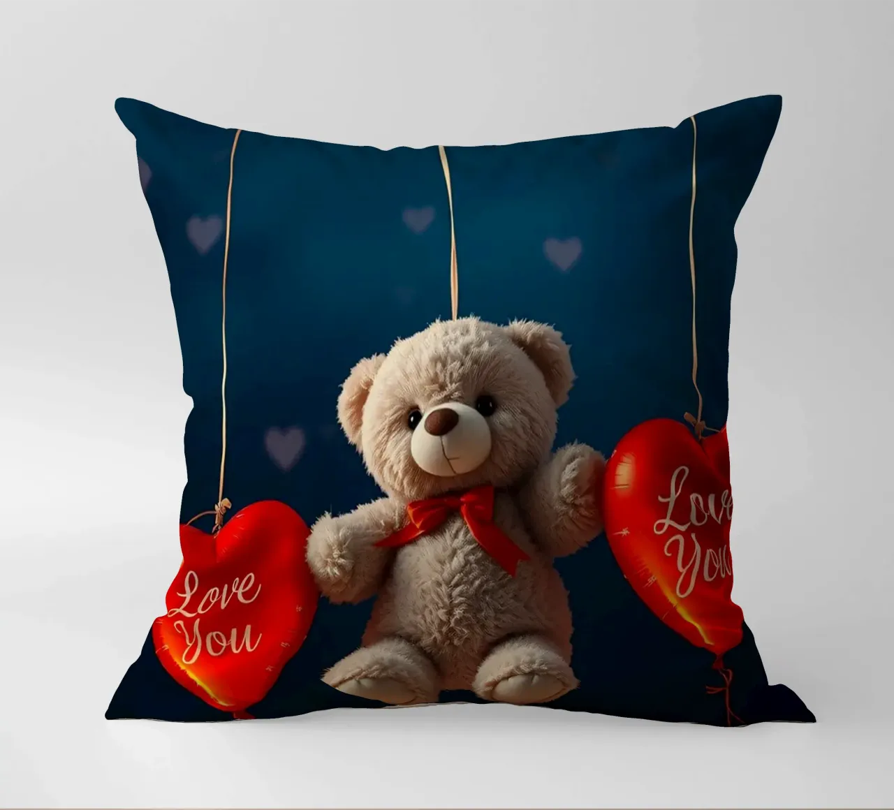 Orsetto che tiene in mano palloncini rossi a forma di cuore che esprimono amore cuscino da DesignDoodle