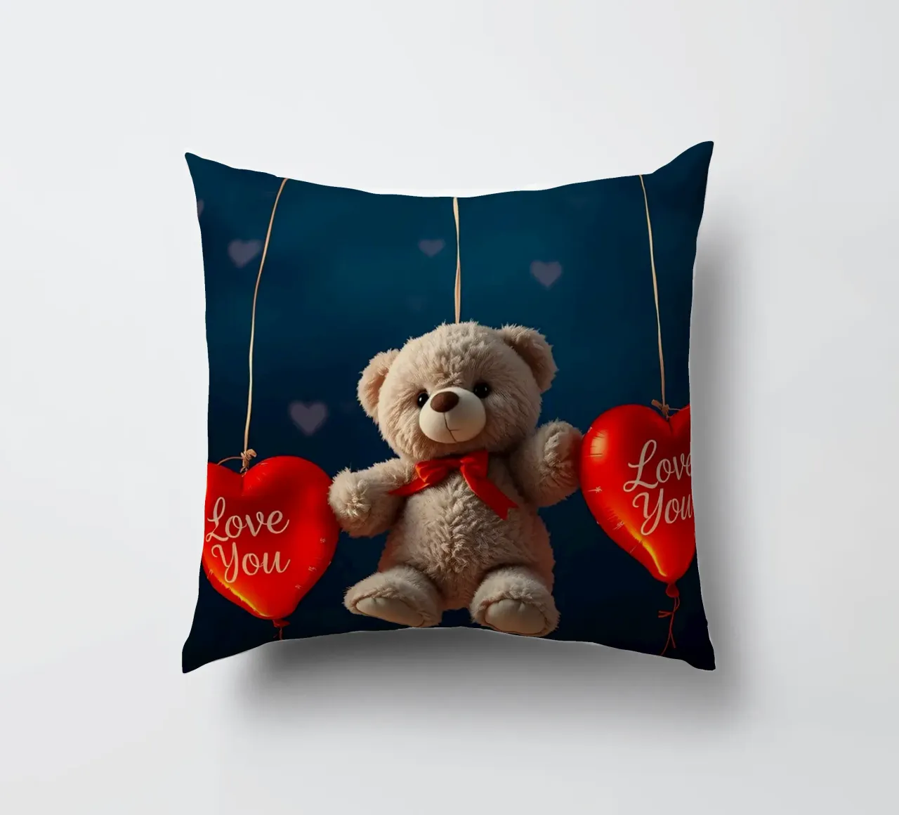 Orsetto che tiene in mano palloncini rossi a forma di cuore che esprimono amore cuscino da DesignDoodle