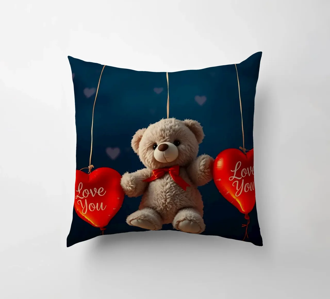 Orsetto che tiene in mano palloncini rossi a forma di cuore che esprimono amore cuscino da DesignDoodle