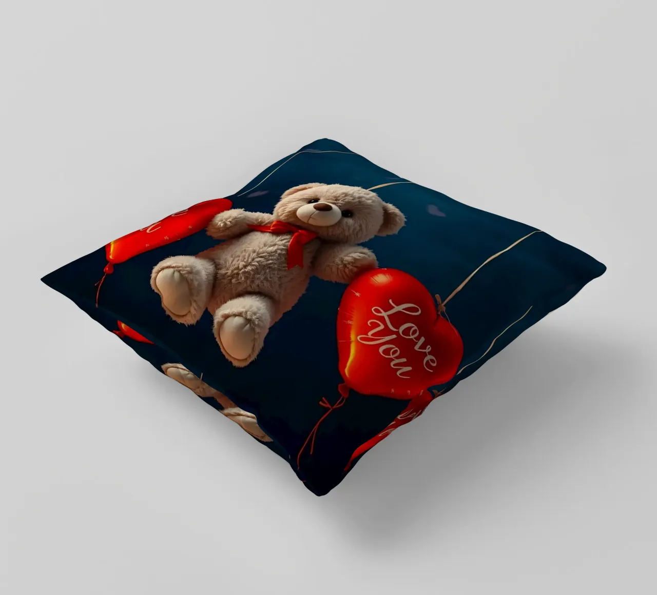 Orsetto che tiene in mano palloncini rossi a forma di cuore che esprimono amore cuscino da DesignDoodle