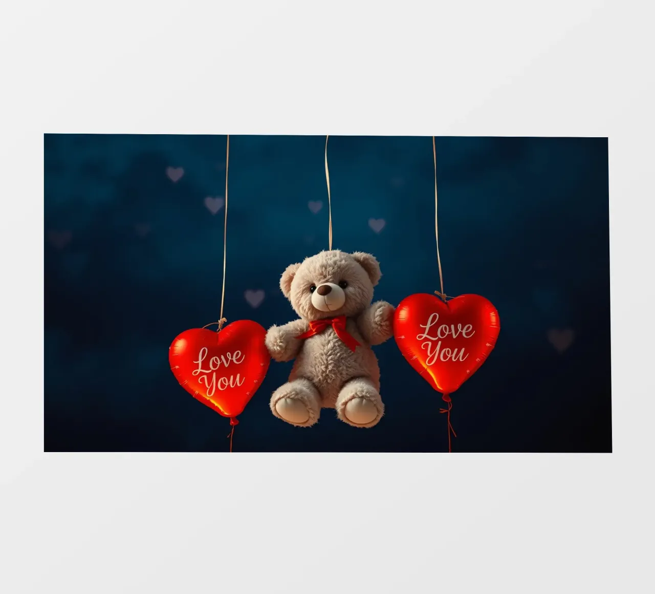 Orsetto che tiene in mano palloncini rossi a forma di cuore che esprimono amore telo in pvc da DesignDoodle