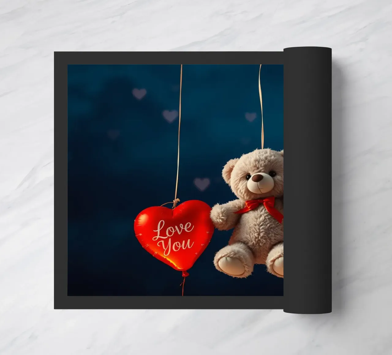 Orsetto che tiene in mano palloncini rossi a forma di cuore che esprimono amore zerbino da DesignDoodle