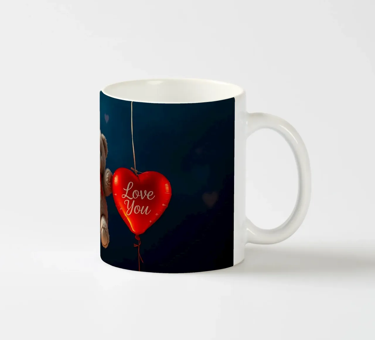 Orsetto che tiene in mano palloncini rossi a forma di cuore che esprimono amore tazza in ceramica da DesignDoodle