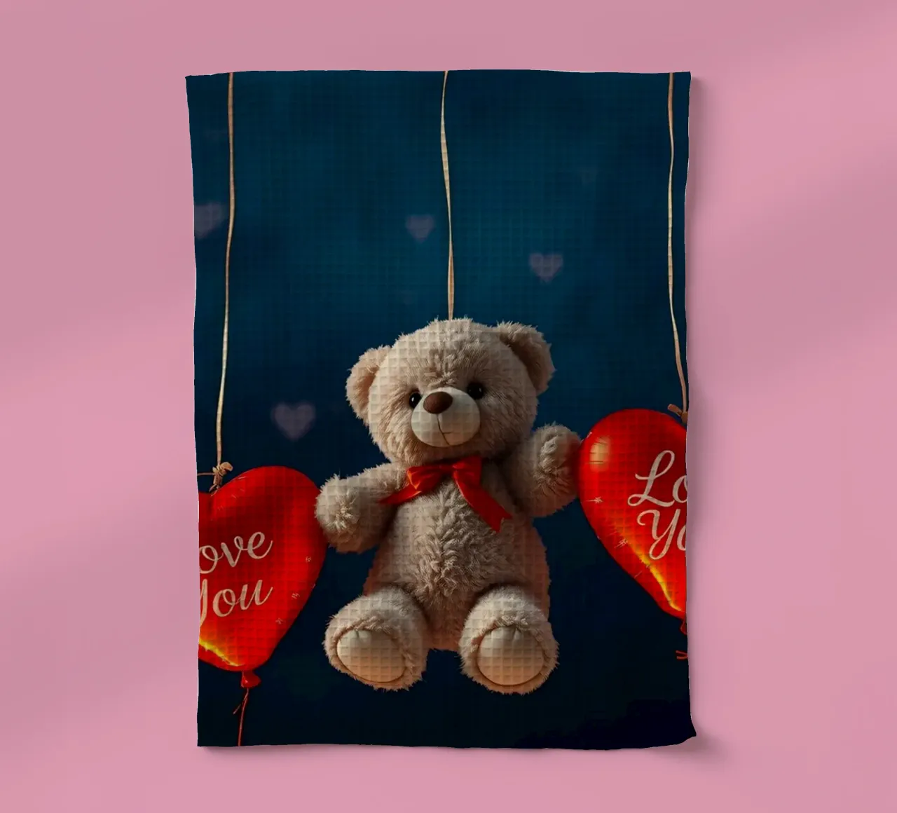 Teddy bear holding red heart balloons expressing love tea towel by DesignDoodle