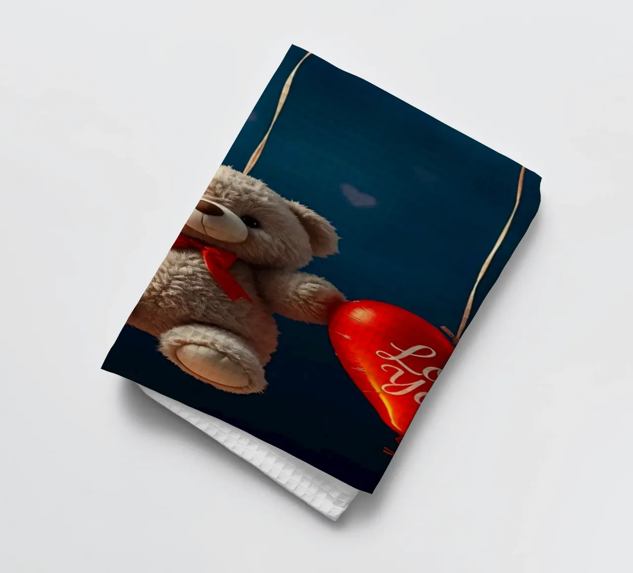Teddy bear holding red heart balloons expressing love tea towel by DesignDoodle