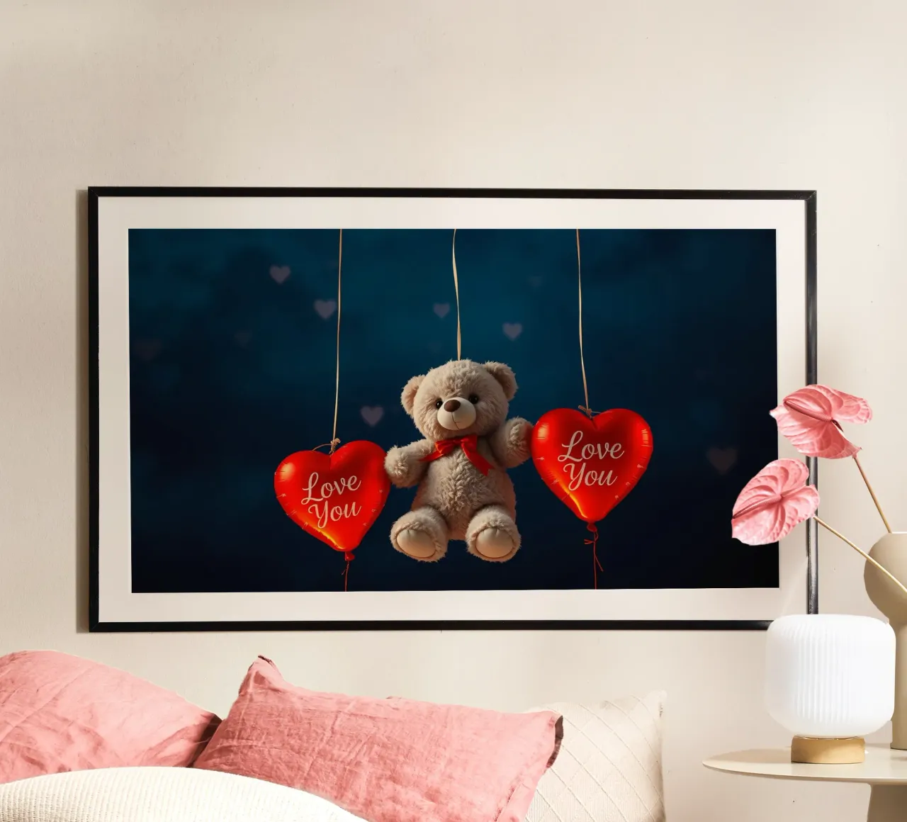 Orsetto che tiene in mano palloncini rossi a forma di cuore che esprimono amore poster con telaio in alluminio da DesignDoodle