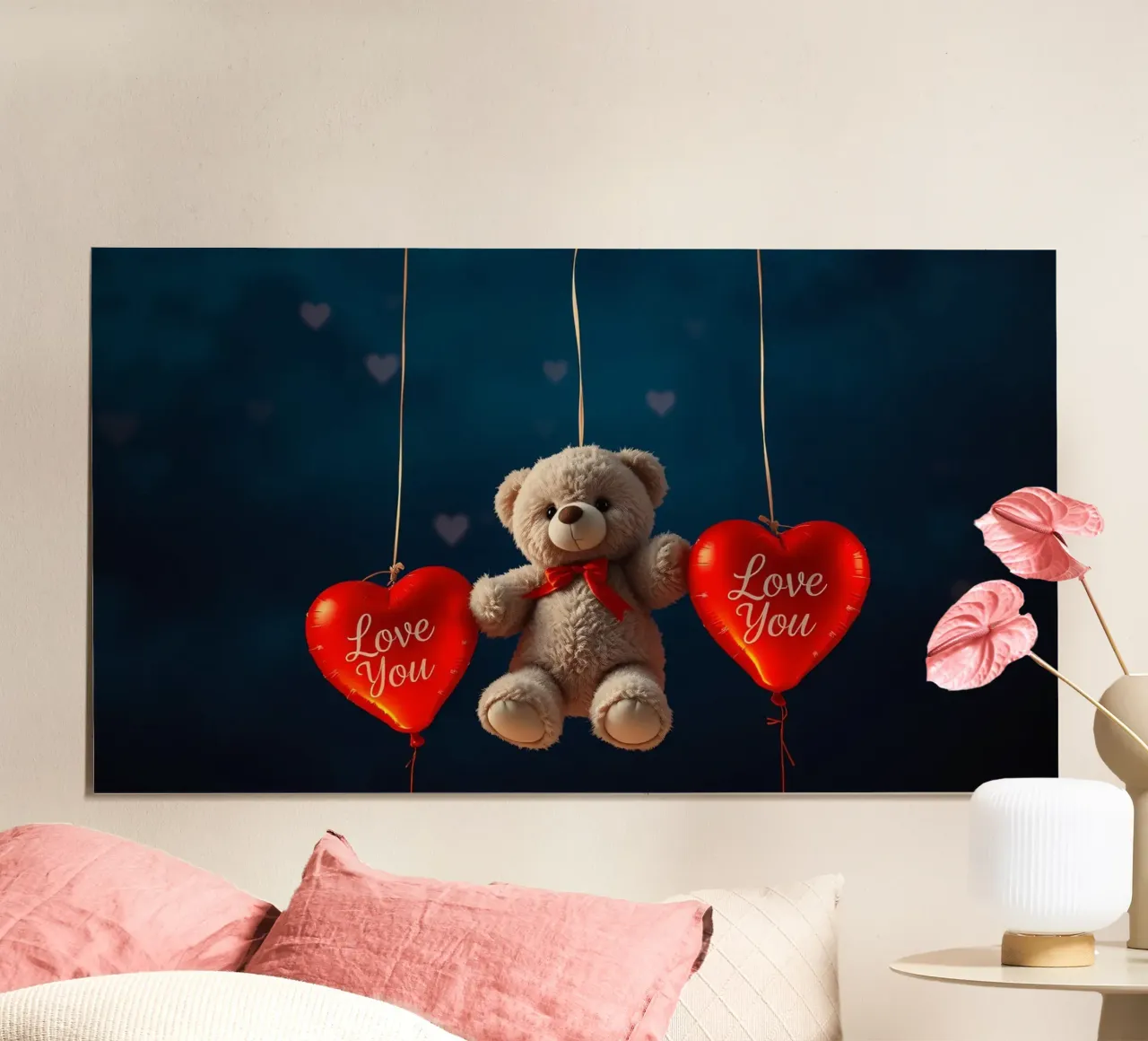 Orsetto che tiene in mano palloncini rossi a forma di cuore che esprimono amore poster con telaio in alluminio da DesignDoodle