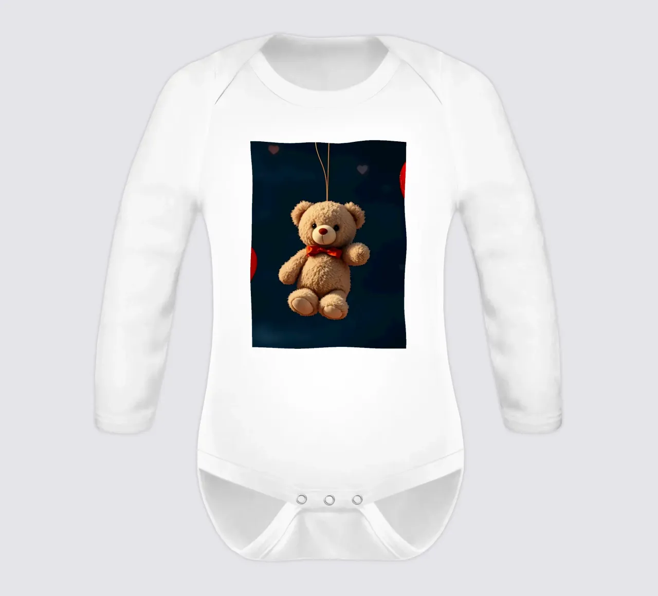Cute teddy bear suspended with love red heart balloons long-sleeve baby romper by DesignDoodle