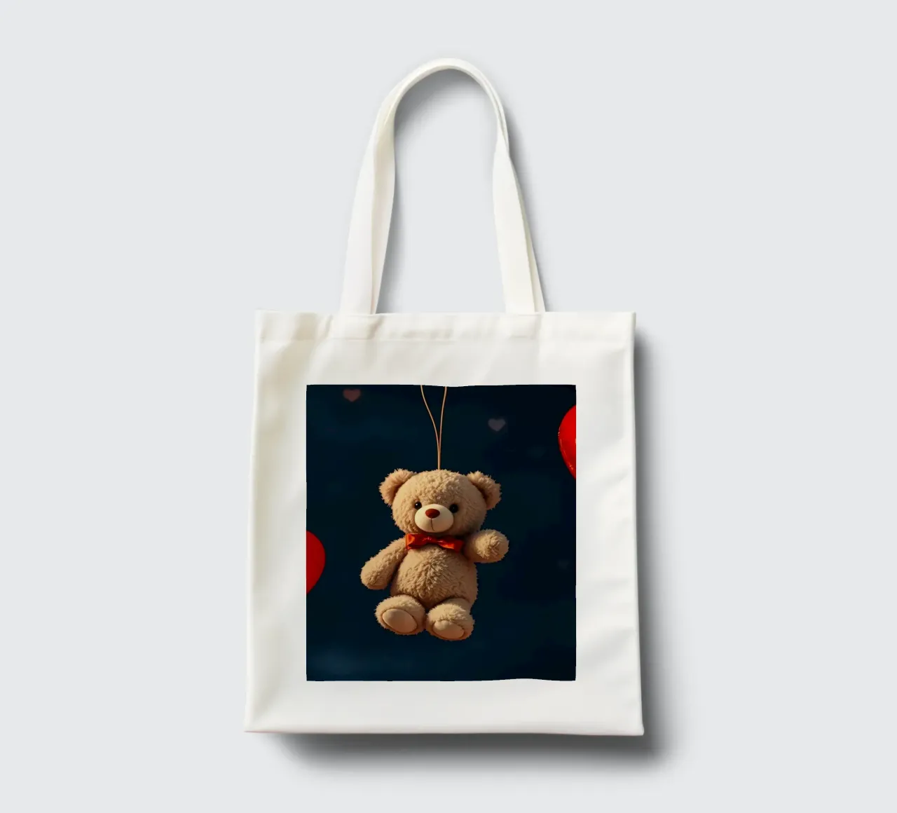 Simpatico orsetto sospeso con palloncini d'amore a forma di cuore rosso borsa in juta da DesignDoodle