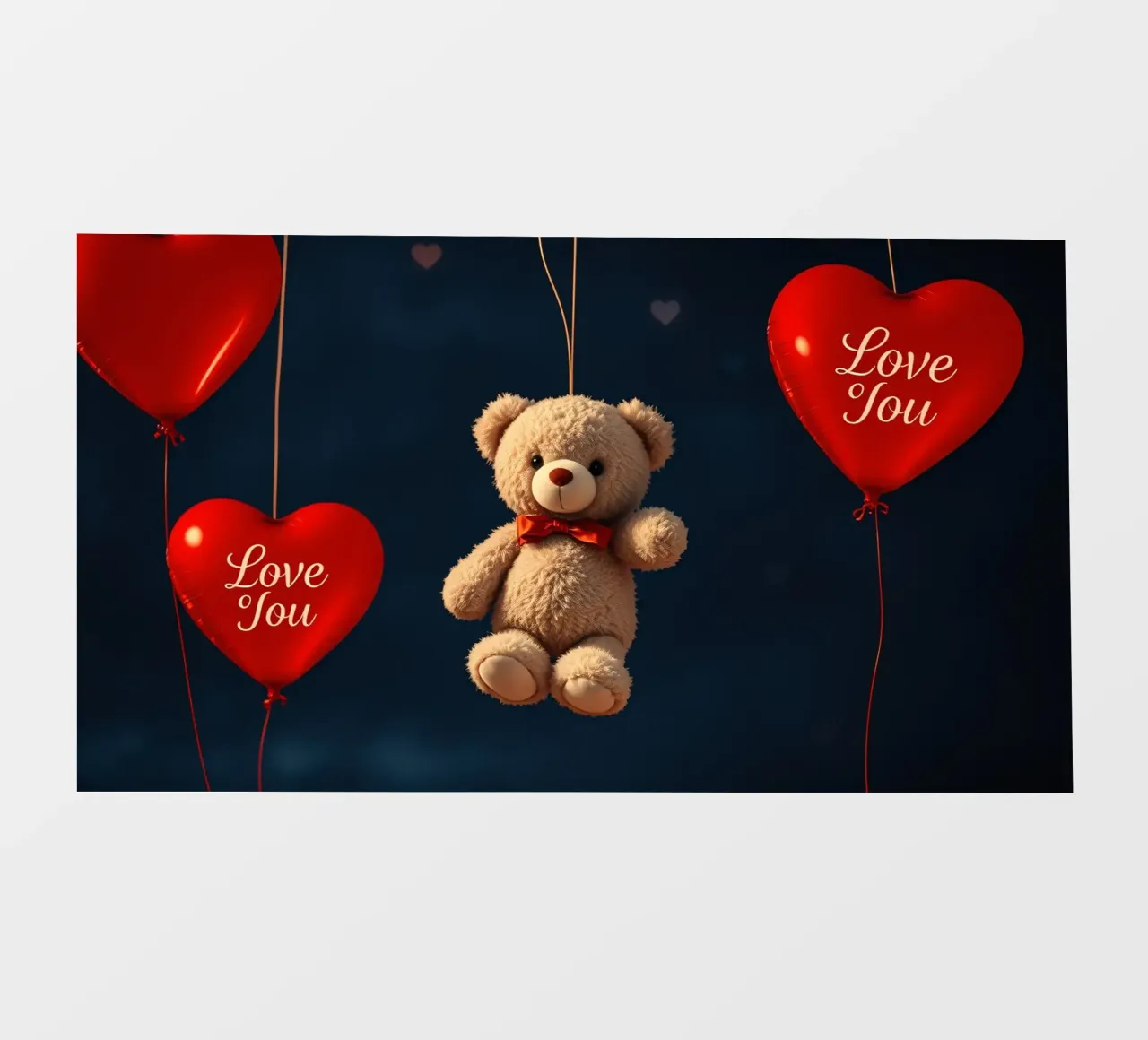 Simpatico orsetto sospeso con palloncini d'amore a forma di cuore rosso pellicola backlit da DesignDoodle