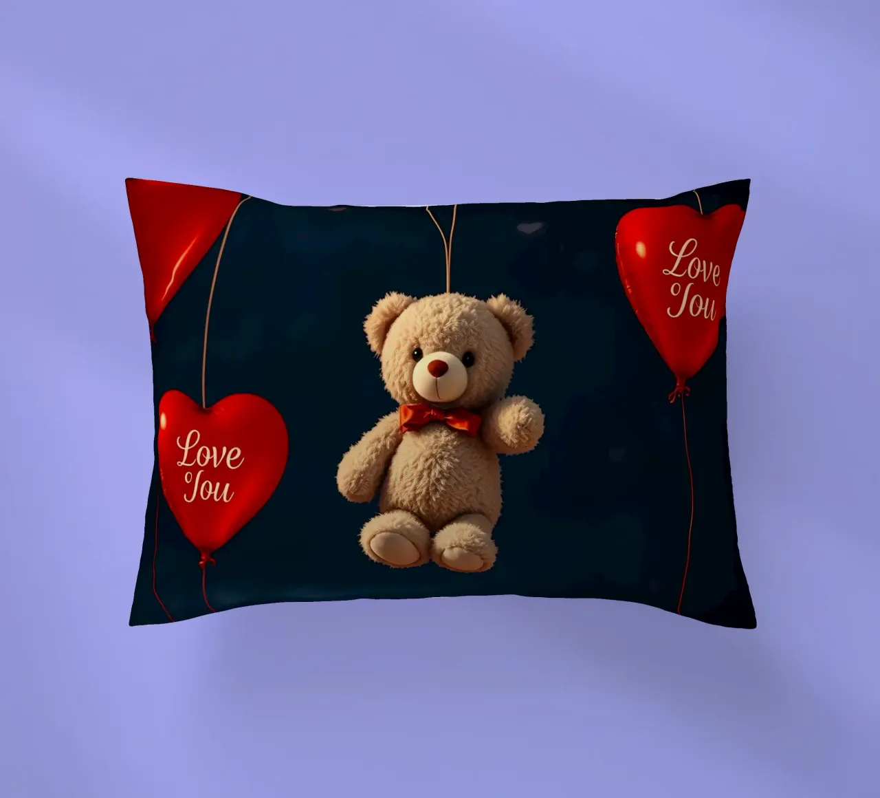Simpatico orsetto sospeso con palloncini d'amore a forma di cuore rosso cuscino da DesignDoodle