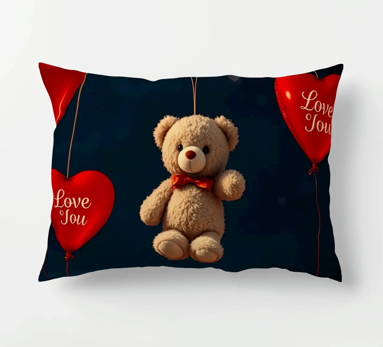 Simpatico orsetto sospeso con palloncini d'amore a forma di cuore rosso cuscino da DesignDoodle