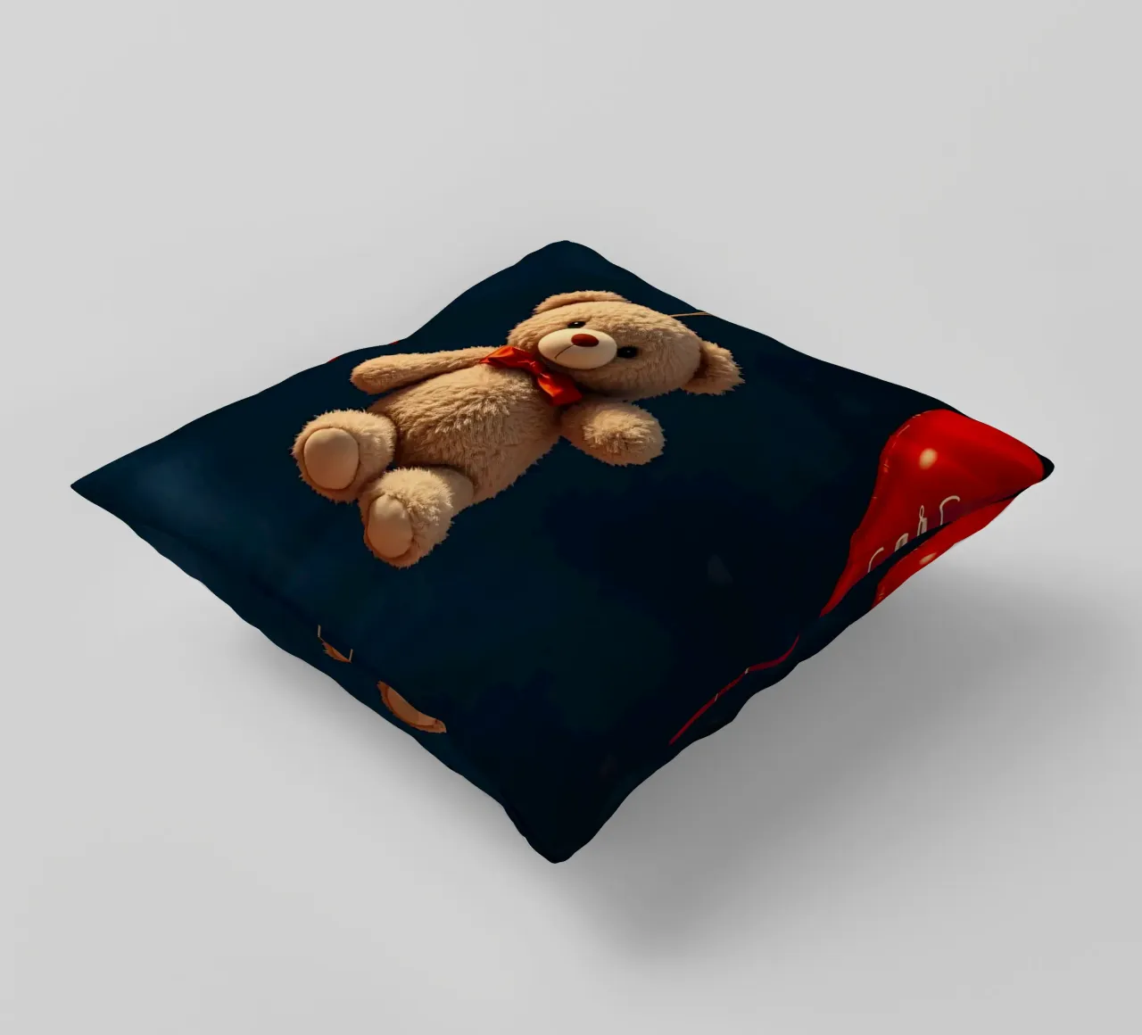 Simpatico orsetto sospeso con palloncini d'amore a forma di cuore rosso cuscino da DesignDoodle