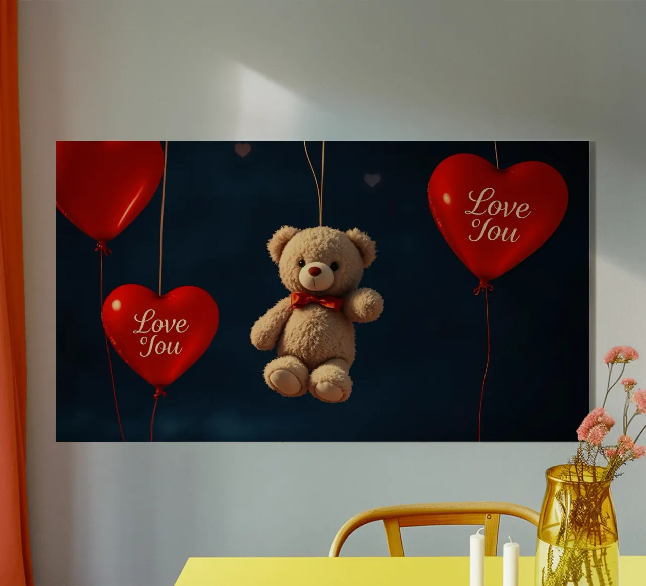 Simpatico orsetto sospeso con palloncini d'amore a forma di cuore rosso plexiglass da DesignDoodle