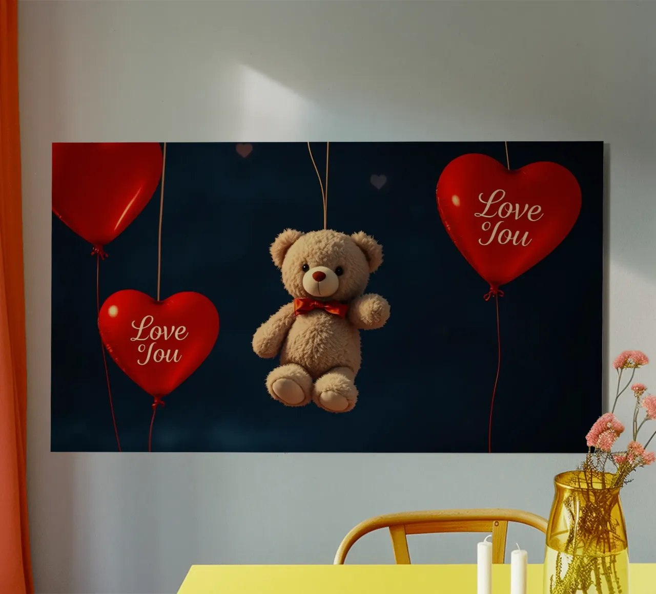 Simpatico orsetto sospeso con palloncini d'amore a forma di cuore rosso alluminio dibond da DesignDoodle