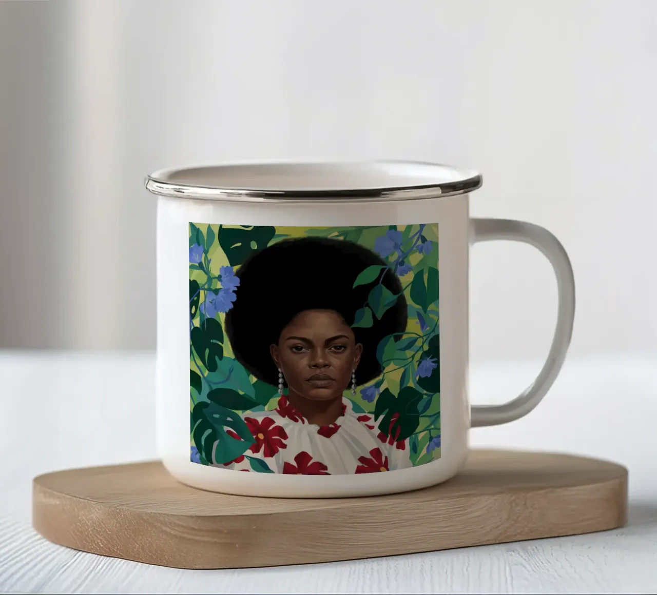 Maestà floreale afro tazza in smalto da Aether Brush